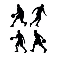 Four silhouettes of basketball players dribbling and moving on a white background