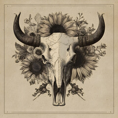 A striking illustration features a bull skull in front of vibrant sunflowers and delicate floral arrangements, creating a captivating composition with intricate details and textures