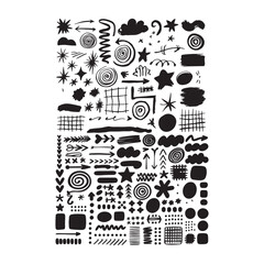 Obraz premium Collection of hand drawn black abstract shapes arrows stars clouds and brush strokes on a white background