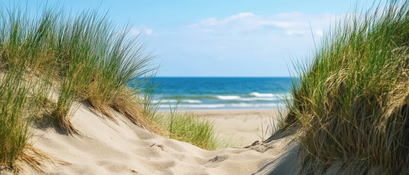 Sandy pathway through grass to a tranquil beach - Powered by Adobe