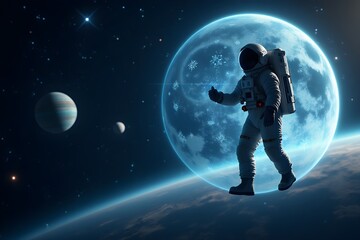 Astronaut exploring digital universe futuristic space technology