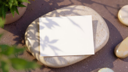 white rectangular card on top of stone in a flower garden, top view