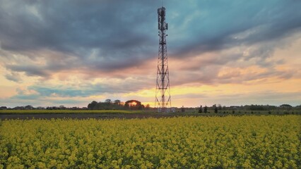 6G Telecommunications tower mast in country field, sunset over canola crop