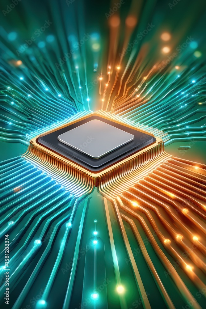 Poster futuristic circuit board with glowing data paths and a central microchip