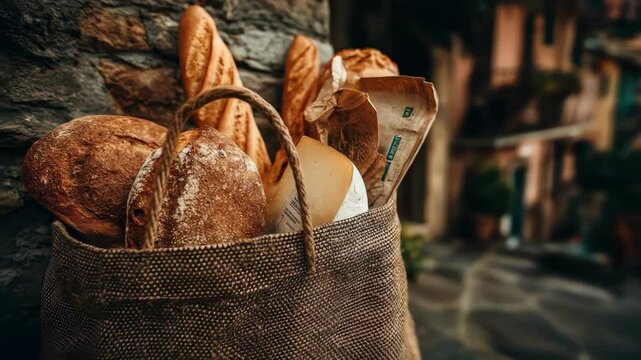 Fresh bread in a bag against a stone wall with village backdrop