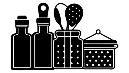 Still life of kitchenware including bottles utensils and a covered container in black and white style
