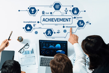 This image illustrates the concept of achievement in business with graphs and success indicators....