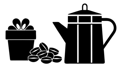Still life illustration of a coffee pot, gift box with bow, and pile of coffee beans in black and white