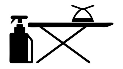 Illustration of a spray bottle next to an ironing board with an iron on top in black and white