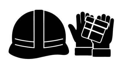 Illustration of a safety helmet and a pair of gloves holding a gift box in black and white color