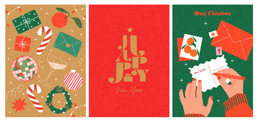 Merry Christmas and Happy New Year! 2026. Halftone illustration of hands writing letter to Santa on green background, garland with toys and calligraphic lettering for greeting card