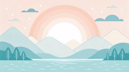 Pastel Landscape Illustration Serene Mountains, Lake and Sky Scene with Soft Lighting and Abstract Shapes