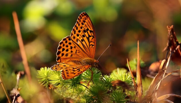 variegated fritillary euptoieta claudia butterfly perched on green and brown vegetation