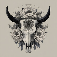 A bull skull is artistically decorated with detailed floral arrangements, including large blooming flowers and delicate leaves, creating a striking visual contrast and a sense of nature's beauty