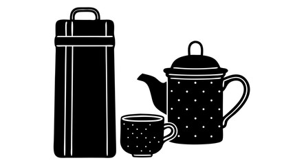 Illustration of a black thermos, a teapot with polka dots, and a matching cup on a white background