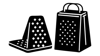 Illustration of two graters one flat and one box shaped with handles in black and white simple design