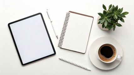 Minimalist Workspace Flat Lay with Tablet, Notebook, Coffee, and Plant for Productivity and Inspiration