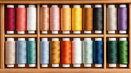 Colorful sewing threads organized neatly in a wooden drawer