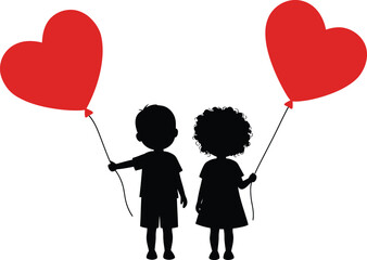 Silhouette of Boy and Girl Holding Heart Balloons – Romantic Kids Vector Illustration