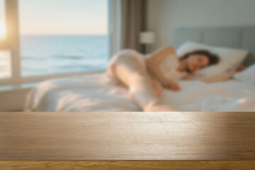 Cozy and serene bedroom scene with wooden table for product placement or mockups. In the softly...