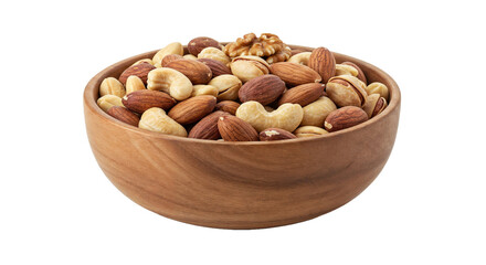 bowl of mixed nuts including almonds, cashews and walnuts on white background with copy space