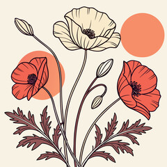 Elegant floral illustration with red poppies and modern decorative elements on white