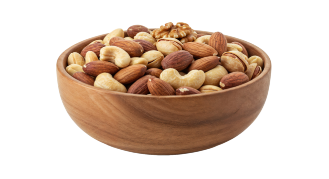 bowl of mixed nuts including almonds, cashews and walnuts on white background with copy space