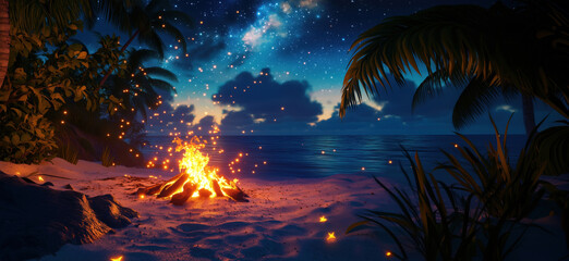 Starlit beach with campfire and ocean view under a starry sky.