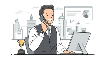 Successful businessman working at his desk in a modern office, talking on the phone and analyzing data on his computer