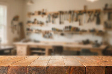 Locksmith workshop with empty wooden workbench for product placement or mockup presentations. Blurred wall with various tools hanging on hooks and shelves. Craftsmanship, DIY, tools, industry concept.