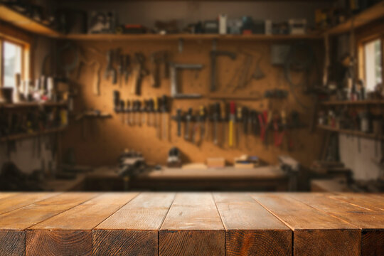 Locksmith workshop with empty wooden workbench for product placement or mockup presentations. Blurred wall with various tools hanging on hooks and shelves. Craftsmanship, DIY, tools, industry concept.