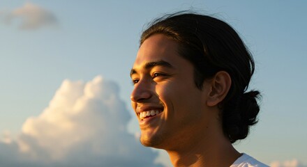 Smiling Young Man Portrait in Golden Light Contemplating Future Opportunities with Sky Backdrop