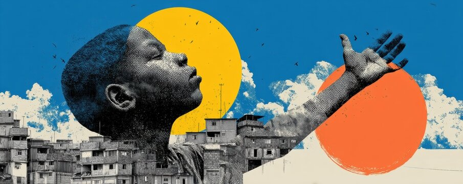 Child Raising Arm Against Urban Backdrop with Graphic Sun