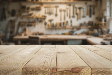 Locksmith workshop with empty wooden workbench for product placement or mockup presentations. Blurred wall with various tools hanging on hooks and shelves. Craftsmanship, DIY, tools, industry concept.
