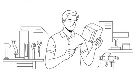 Line art illustration of a young engineer or technician assembling a prototype device in a workshop with professional tools