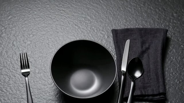 Modern black dinnerware set on textured surface with silver utensils