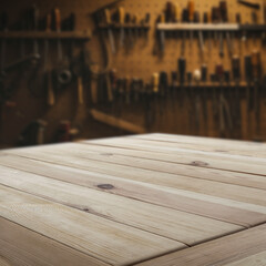Locksmith workshop with empty wooden workbench for product placement or mockup presentations....