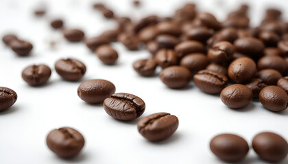 Naklejka premium Pile of dark brown glossy coffee beans arranged on a clean white background.