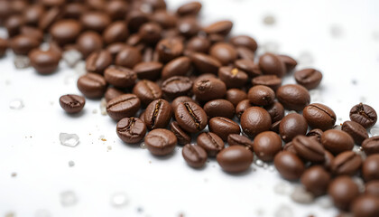 Pile of dark brown glossy coffee beans arranged on a clean white background.