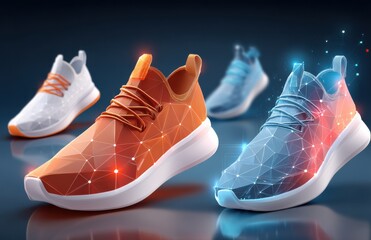Futuristic polygonal sneakers with a digital and glowing modern design concept