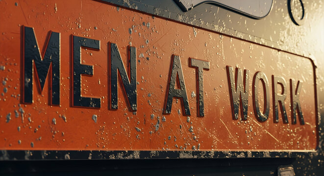 Grungy men at work sign with distressed textures creates industrial vibe