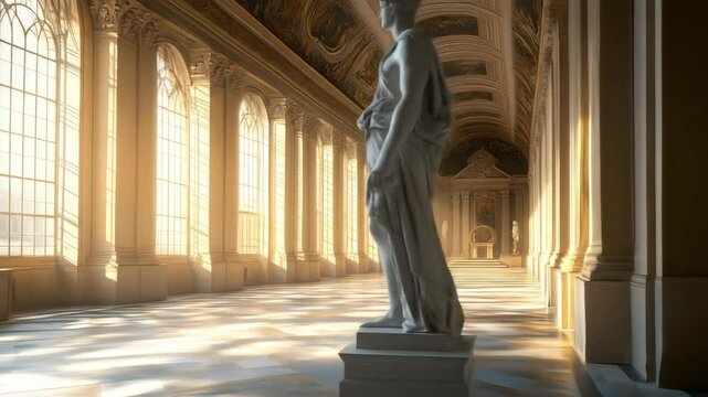 Elegant hall with sculptures and sunlight streaming through windows