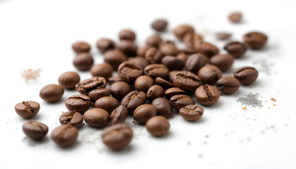 Obraz premium Pile of dark brown glossy coffee beans arranged on a clean white background.