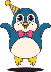Happy jumping little retro penguin