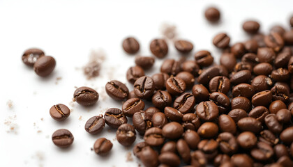 Naklejka premium Pile of dark brown glossy coffee beans arranged on a clean white background.
