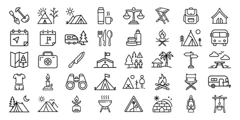 Collection of camping and outdoor activity icons for adventure and travel