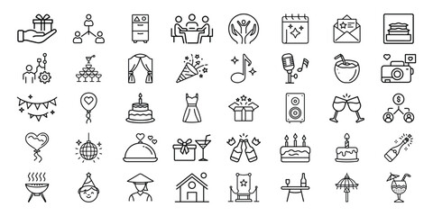 Collection of celebration and event icons in a modern outline style