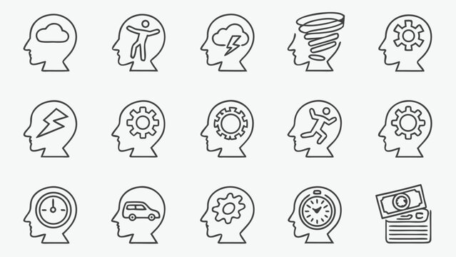 Thirty Thin Line Art Icons Depicting Human Head Profiles with Various Internal Images Including Clouds Gears Lightning Bolts Running Figures