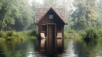Rustic wooden house amidst flooded forest landscape