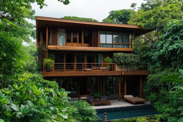 Modern wooden house nestled in lush tropical foliage.  A two-story structure with  decks, a pool, and surrounding greenery